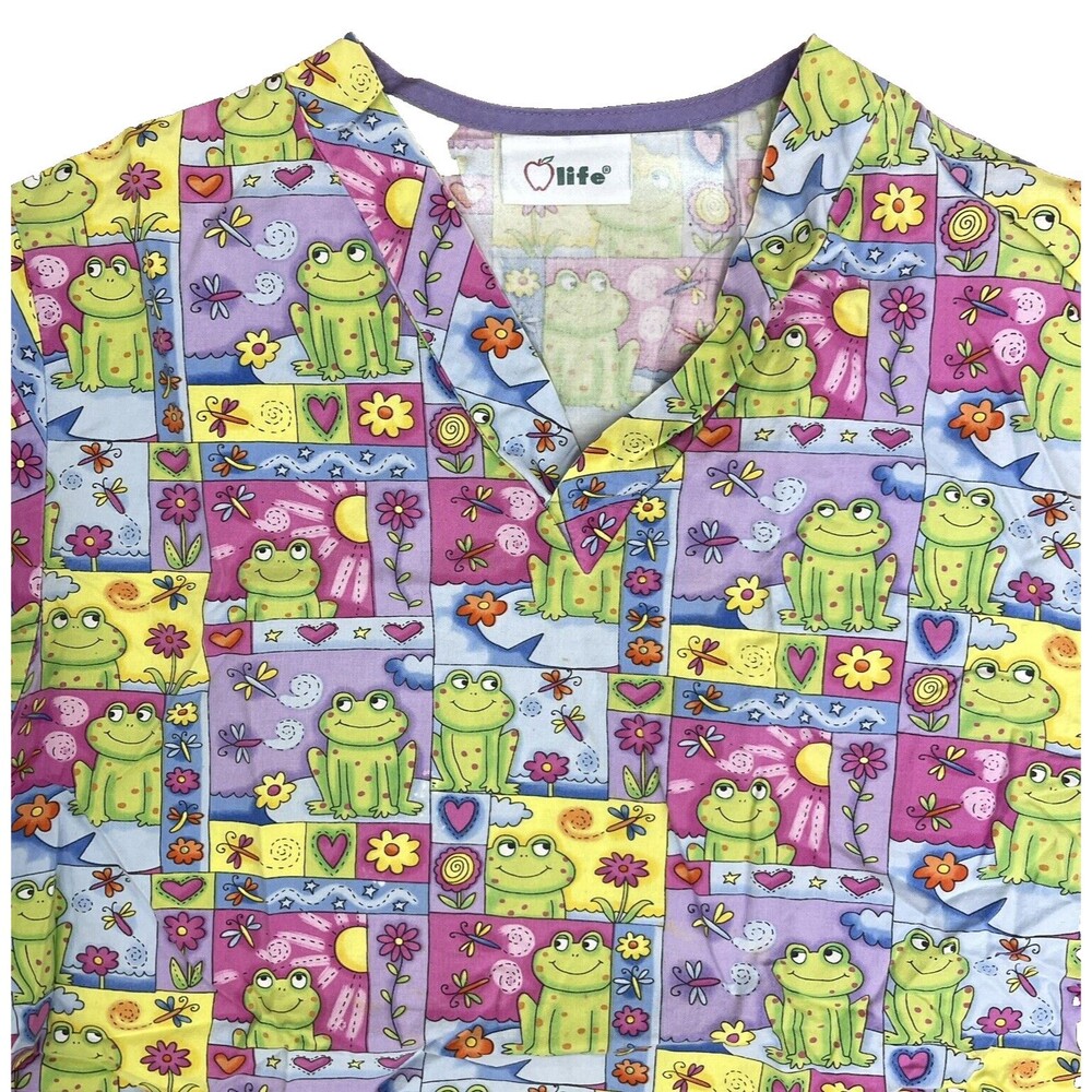 Apple Life Scrub Top Women Small S Frogs Flowers Colorful Pink Green Cute Spring